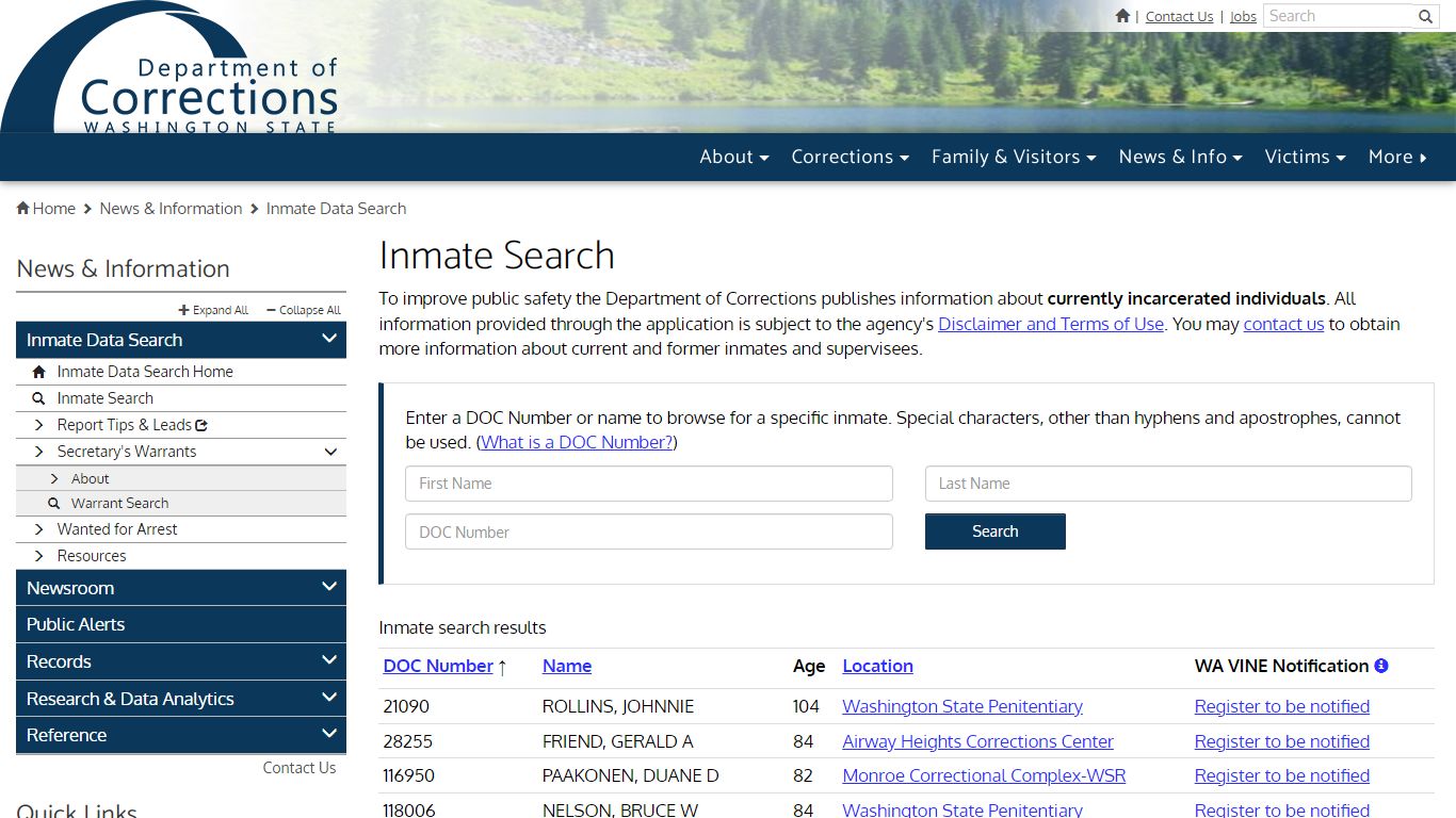 Inmate Search - Washington State Department of Corrections